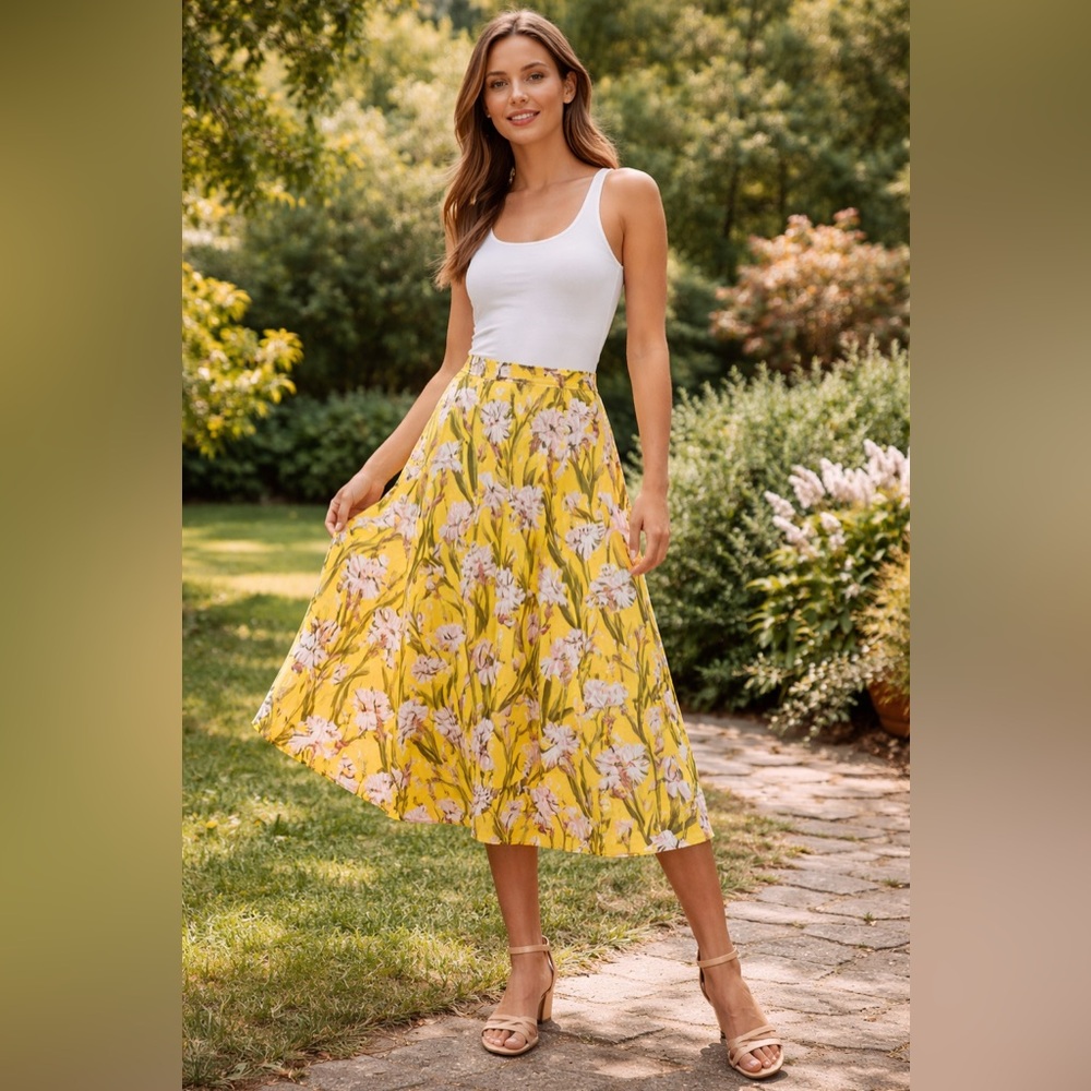 GANT Yellow Floral A-Line Midi Skirt Silk Blend Size 10 [000000]